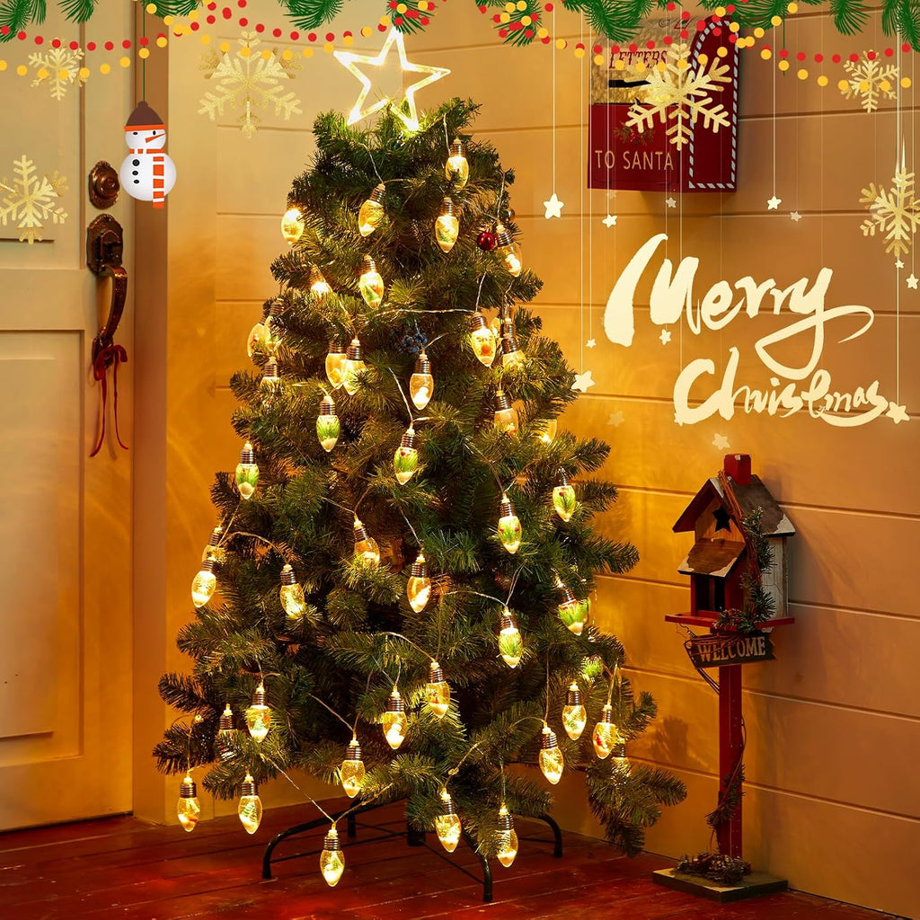 Vintage-Christmas-Lights-Indoor-String-Lights, 7.5Ft C9 Christmas Snow Globe String Lights with Tree & Snow & Cute Ornaments, Battery Operated Lights for Tree Garland Fireplace Xmas Decor