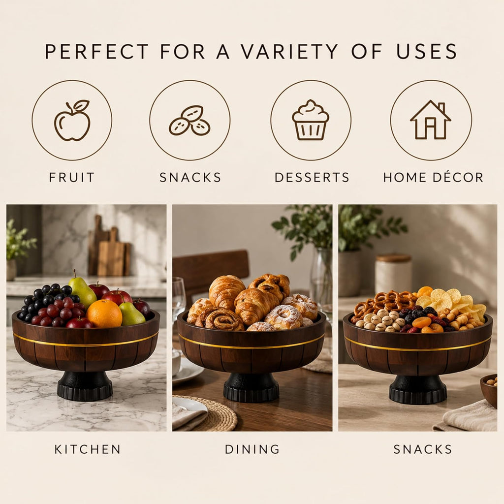 4-Piece Acacia Wooden Fruit Bowl Set for Kitchen Counter, 11-Inch Large Decorative Pedestal Bowl with 2 Matching Serving Bowls & Compact 6.7-Inch Wooden Tongs, Dark Walnut Finish
