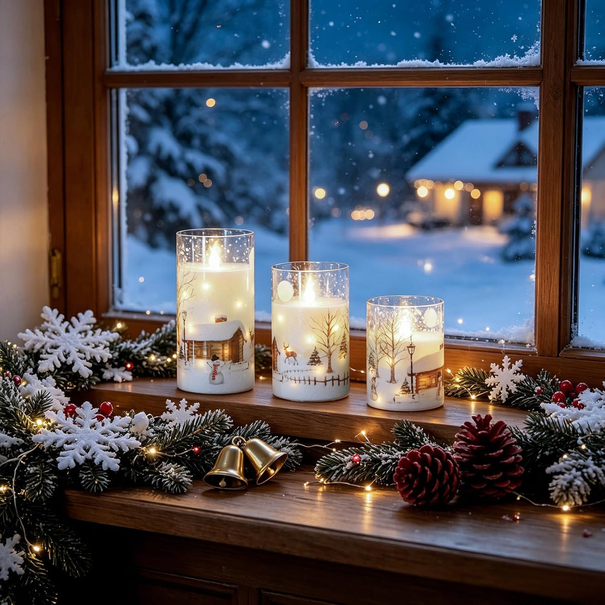Christmas Snowman Flameless Candles String Lights Remote Timer