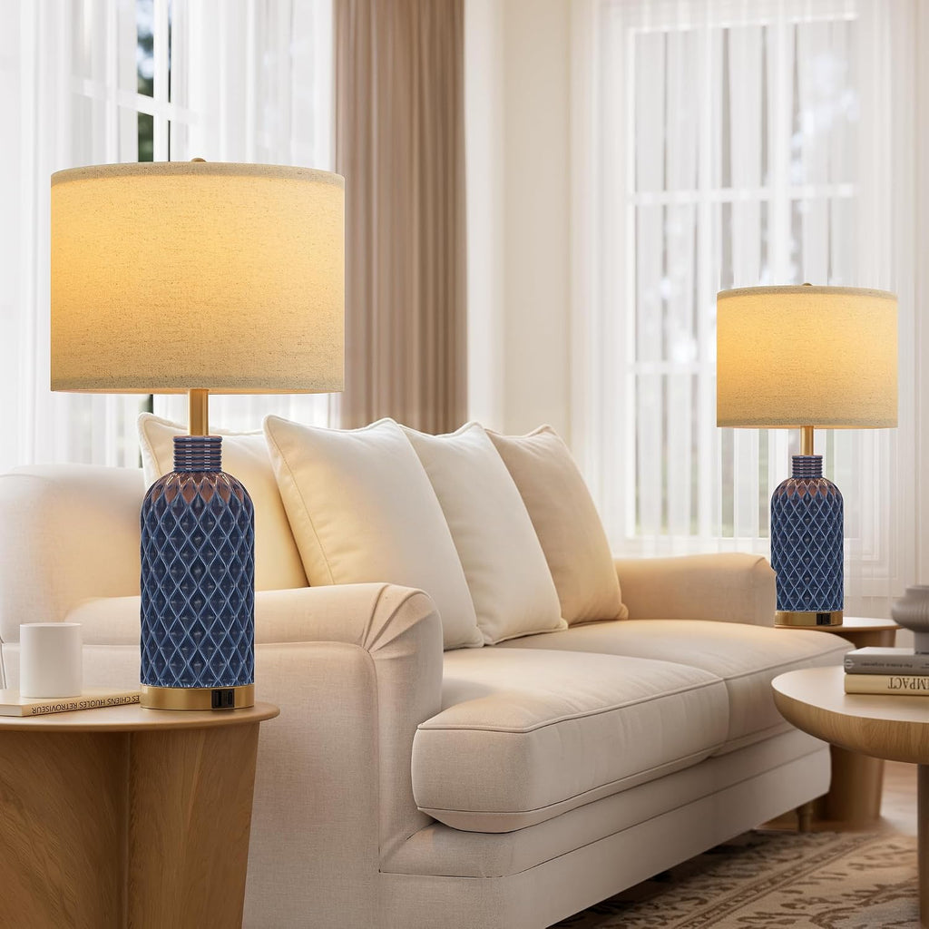 SIBRILLE 25" Ceramic Table Lamps Set of 2, Blue, USB-C/USB-A & AC Outlet