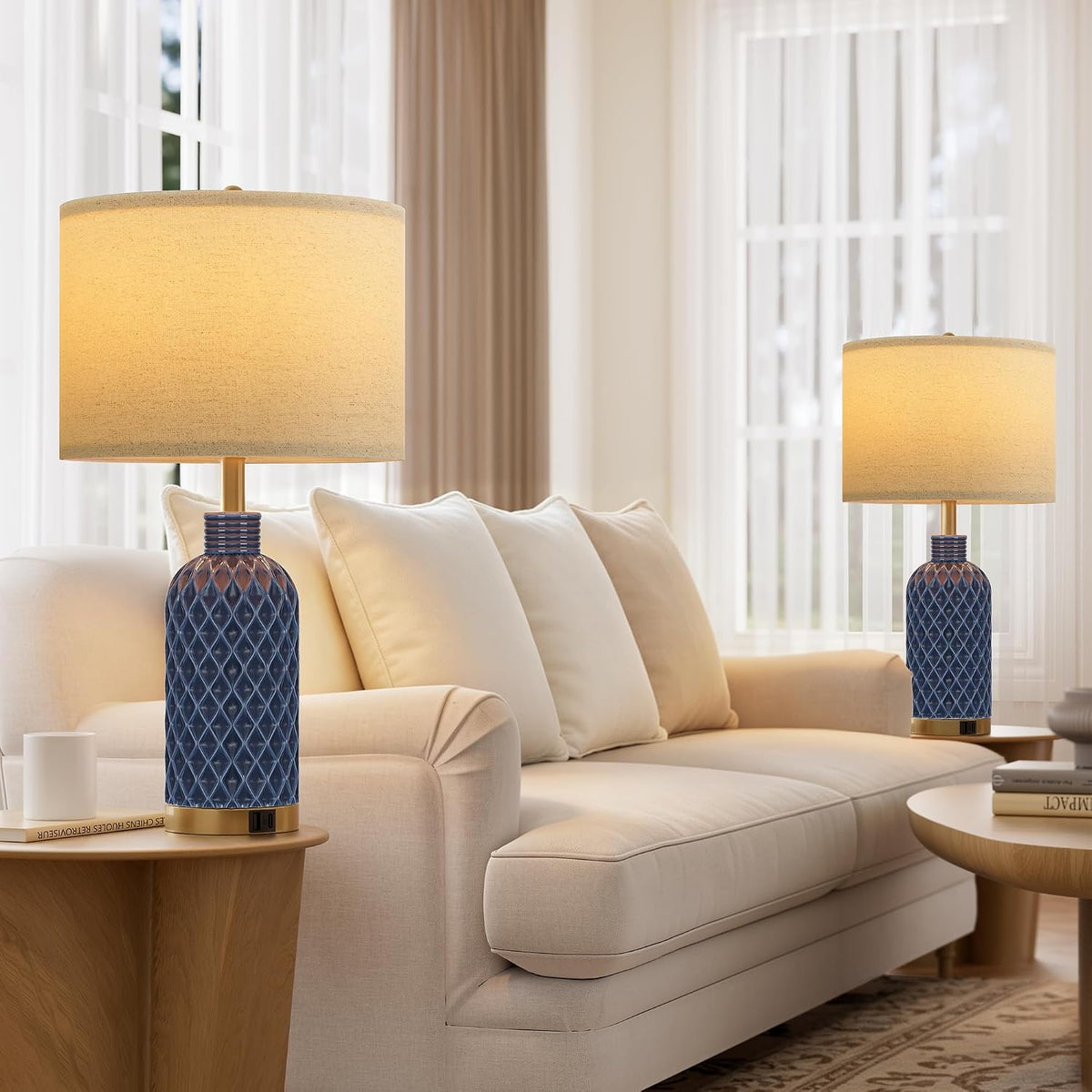 SIBRILLE 25" Ceramic Table Lamps Set of 2, Blue, USB-C/USB-A & AC Outlet