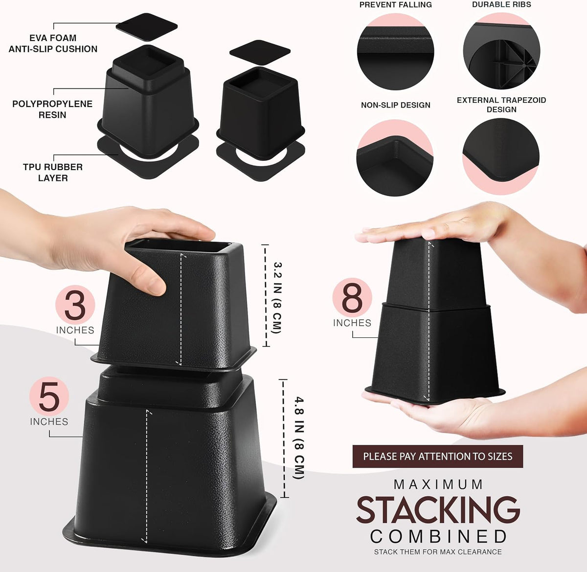 Utopia Bedding Adjustable Bed Risers 3 & 5 Inch, Black, 36-Pack