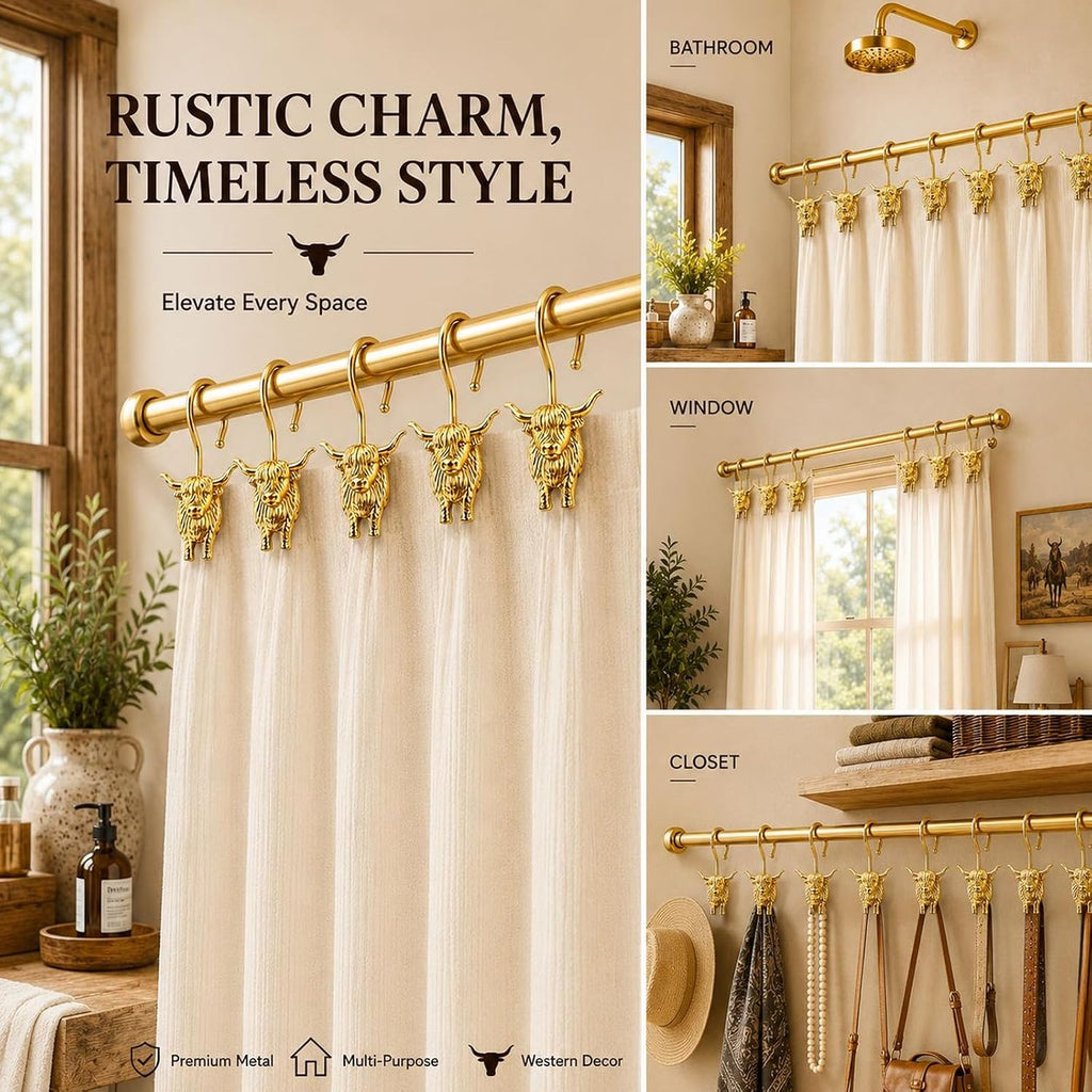 Highland Cow Shower Curtain Hooks, Rust-Resistant Zinc Alloy Metal Hooks, Farmhouse Bathroom Decor, 12 Pack (Gold)