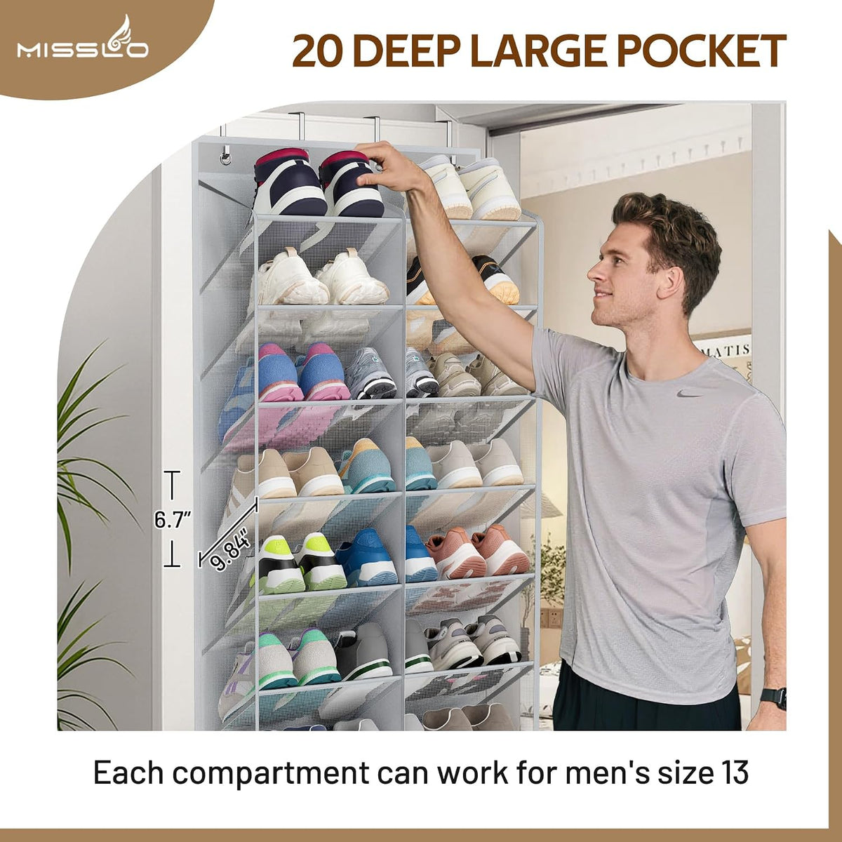 MISSLO 30 Pairs Over the Door Shoe Organizer Breathable Mesh Hanging Shoe Rack for Closet Storage with Wide Deep Pockets 10 Tier Shoes Holder Fit All the Family's Sneakers, Boots, Heels (Grey, 71")