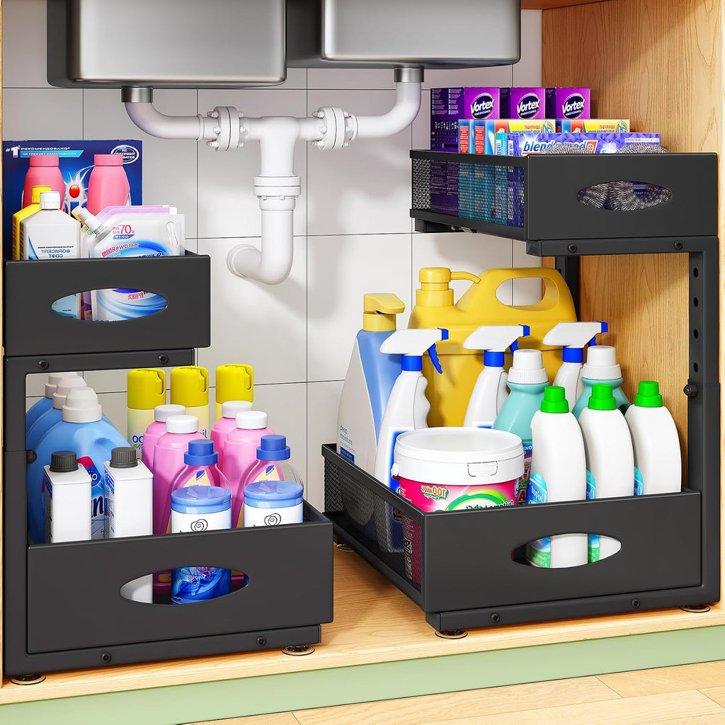 Under Sink Organizer, 2-Pack Pull Out Cabinet Organizer 2 Tier Metal Slide Out Storage Shelf Rack, L-Shaped Adjustable Height,Mesh Sliding Drawer for Kitchen, Bathroom, Laundry, Pantry, Black, XL