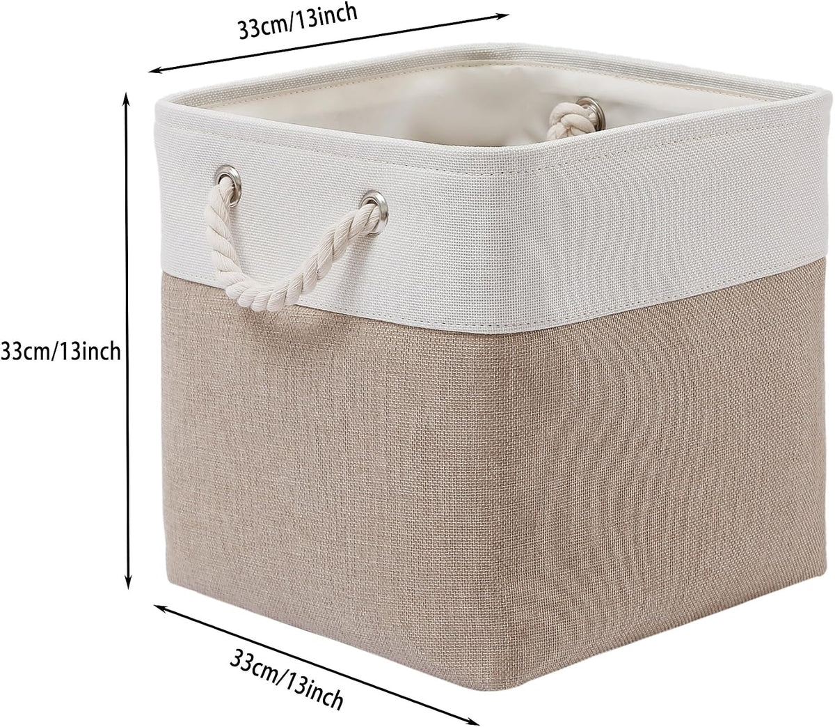 MidmmVick 13 x 13 Inch Cube Storage Bins, 4 Pack Large Collapsible Fabric Storage Bin with Ropes, Foldable Storage Cubes for Home, Office,Closet, Clothes, Toys Organizer (White & Beige)