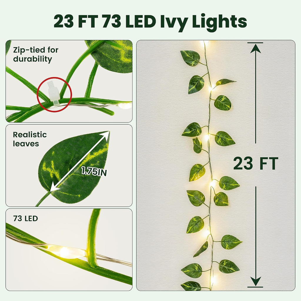 HEYFUNi 23ft Pre-Wrapped Pothos Vine with Fairy Lights USB Battery Operated