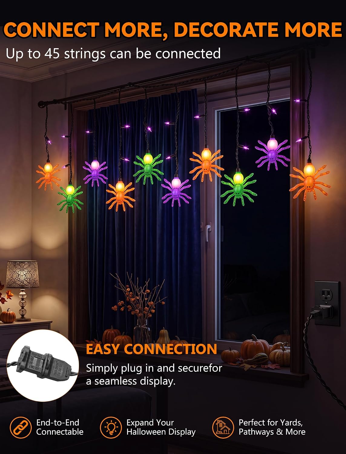 Halloween Spider String Lights, 7Ft Halloween Decorations Lights with 10 LED Colorful Spider Lights 15 Mini Purple Bulbs, Hanging Fairy Lights UL Listed for Outdoor Curtain Porch Bar Party Decor