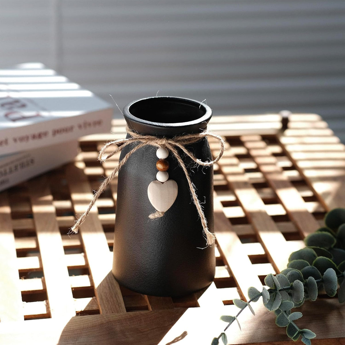 Premium Ceramic Vase with Jute Rope & Heart Charm | 6-Inch Decorative Flower Vase for Modern & Farmhouse Décor, Black Color