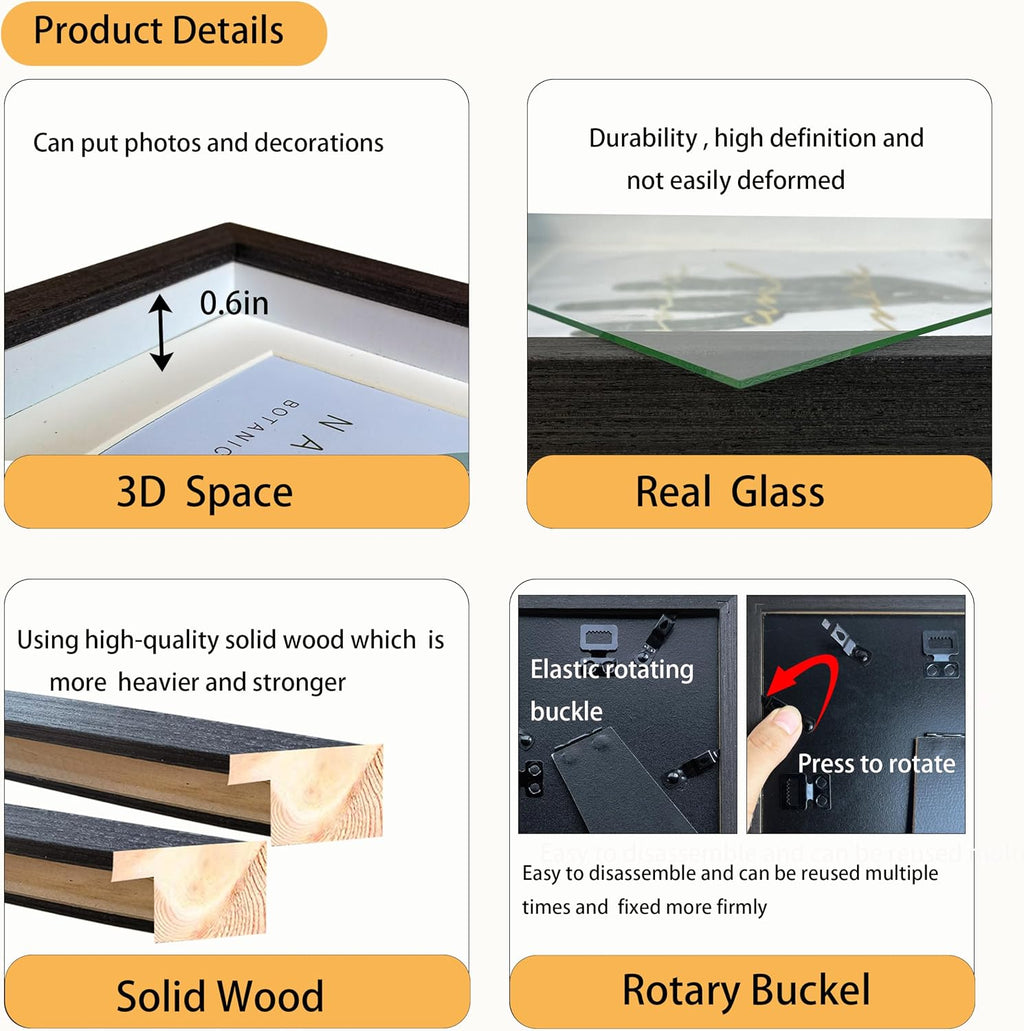 Black 8x8 Shadow Box Frame Solid Wood Shadow Box Memory Display Case Glass Surface Internal Depth 0.6 inch for Wall or Tabletop（4 Pack）