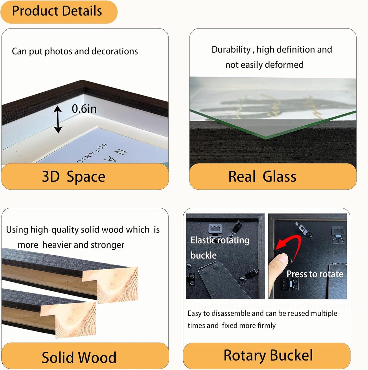 Black 8x8 Shadow Box Frame Solid Wood Shadow Box Memory Display Case Glass Surface Internal Depth 0.6 inch for Wall or Tabletop（4 Pack）