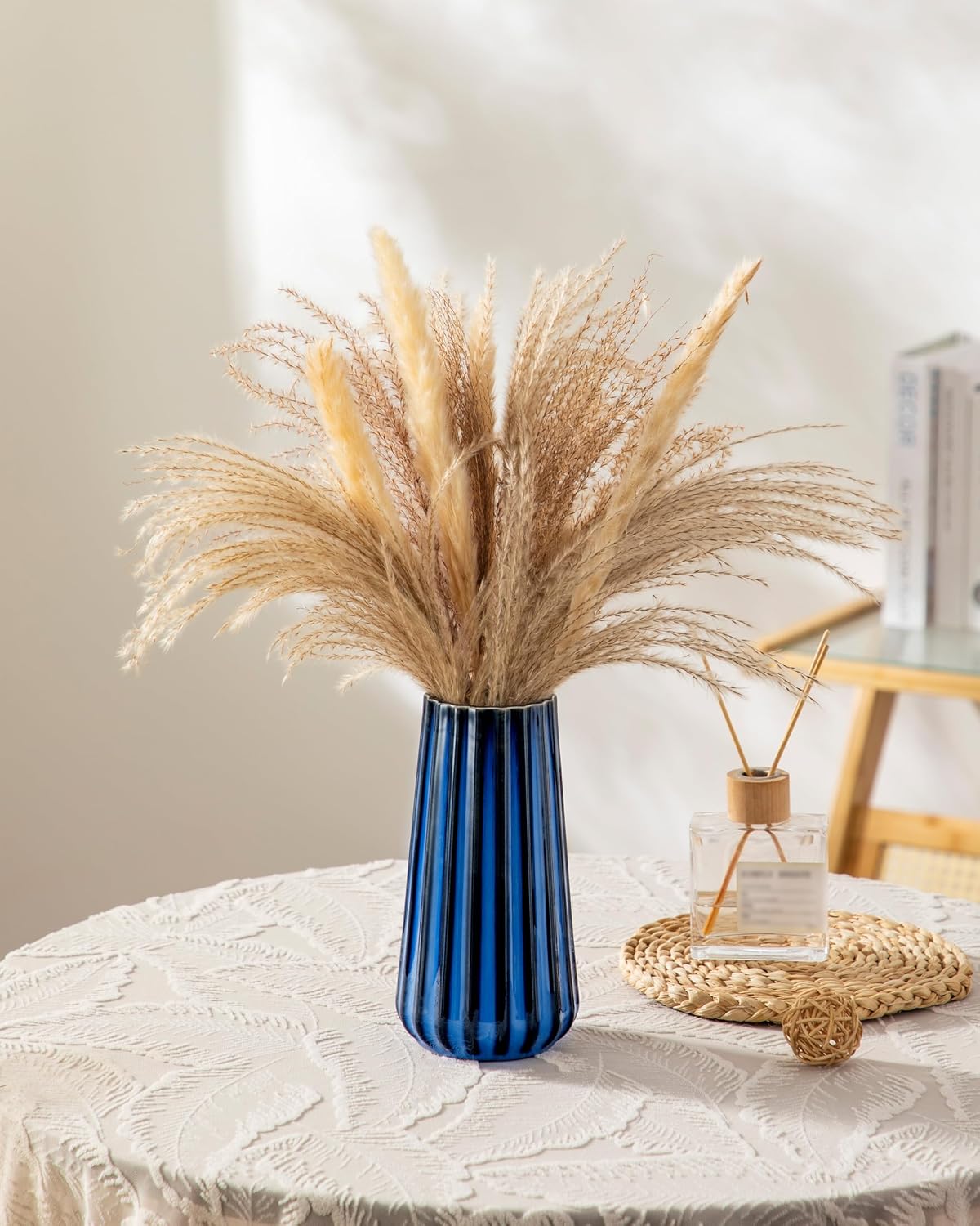 vancasso Ceramic Vase, 7.8 Inch Modern Ribbed Glossy Decorative Vase, Flower vase for Home Decor, Living Room, Bedroom, Office Decor, Blue