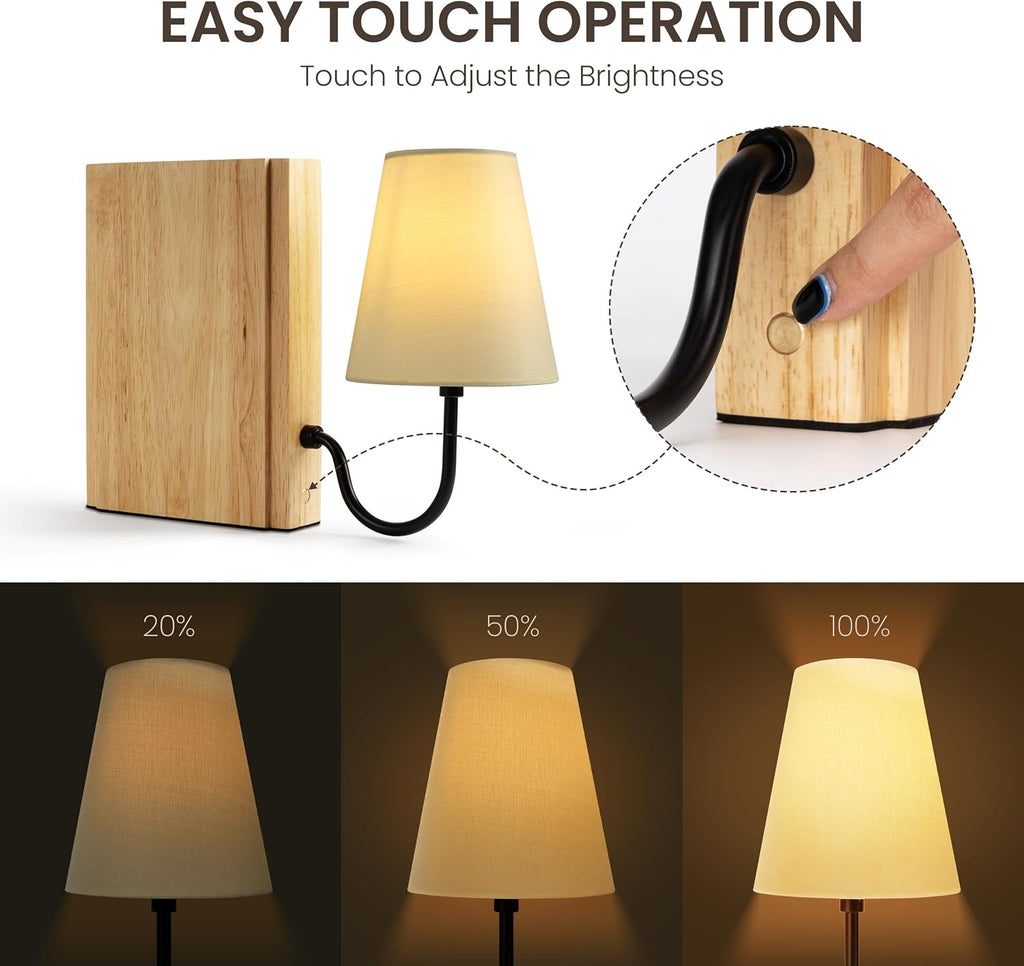 AELS Solid Wood Bookshelf Lamp with Bulb, Cordless Rechargeable Touch Dimmable Table Lamp with Linen Fabric Shade, Modern Decorative Bookend Lamp for Bedroom, Office & Bookshelf Decor, Natural