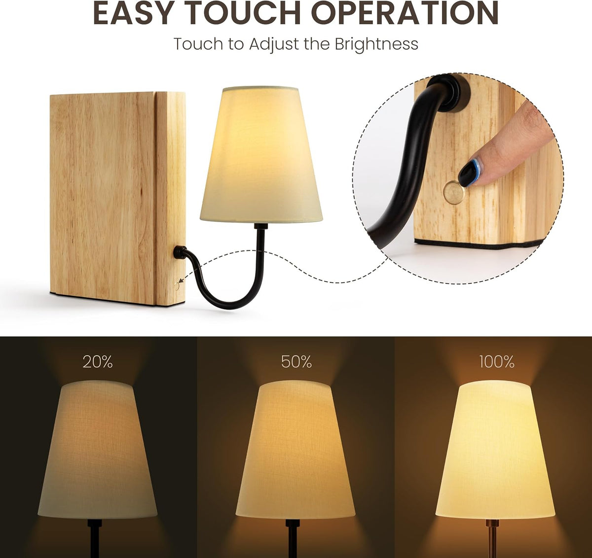 AELS Solid Wood Bookshelf Lamp with Bulb, Cordless Rechargeable Touch Dimmable Table Lamp with Linen Fabric Shade, Modern Decorative Bookend Lamp for Bedroom, Office & Bookshelf Decor, Natural