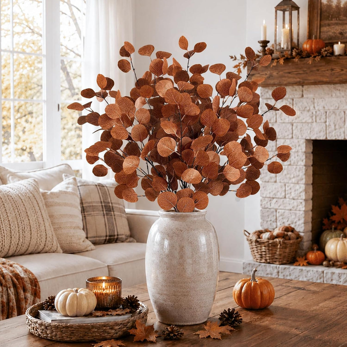 Fall Decor Artificial Eucalyptus Stems 6Pack 35.4" Autumn Leaves Branches