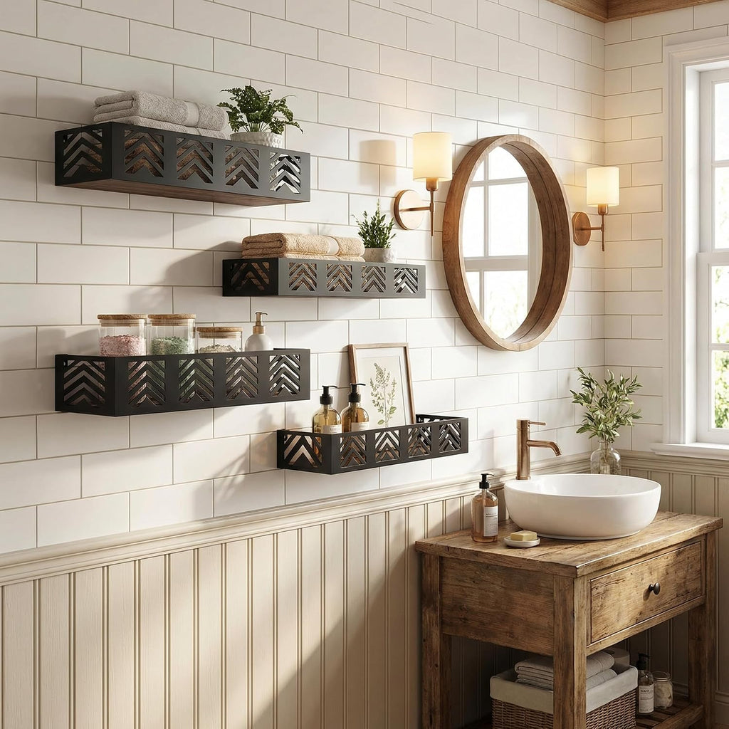 Floating Shelves Set of 4, Home Metal Wood Shelf, Black