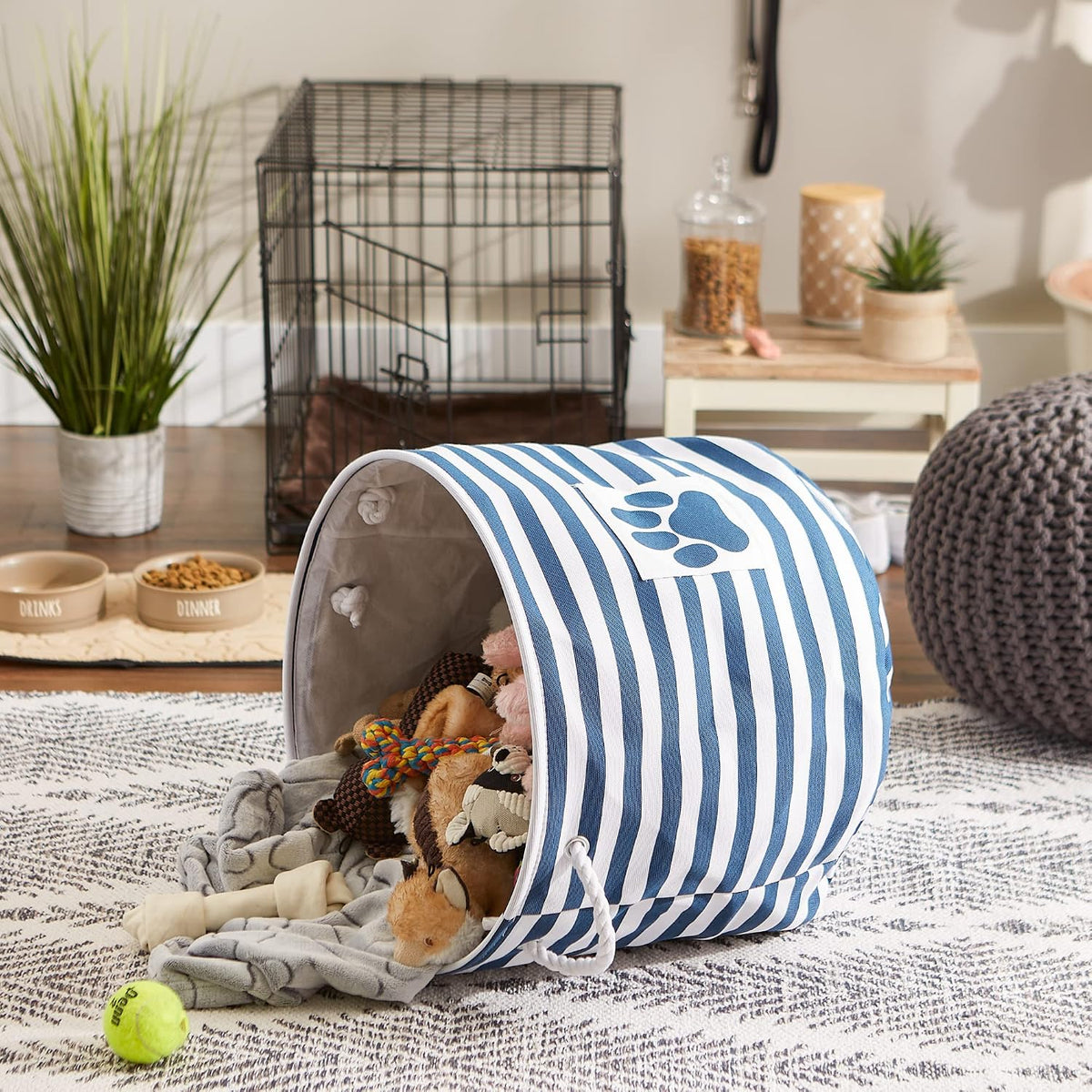 Bone Dry Dog Toy Basket, Round Navy Large, Collapsible