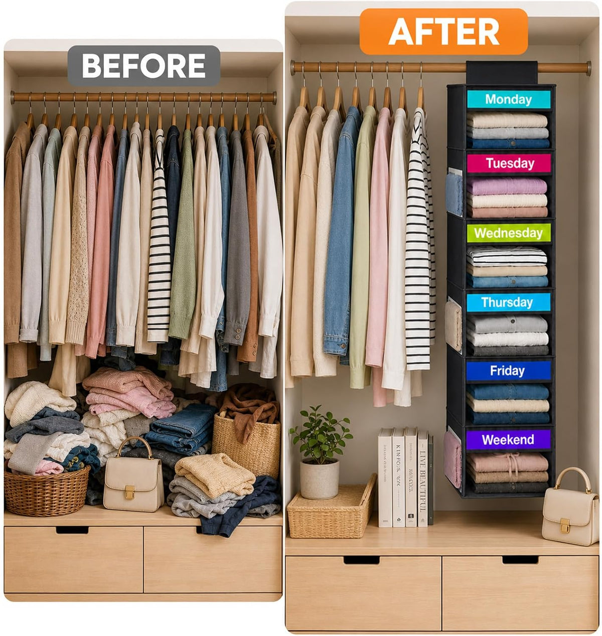6 Shelf Weekly Clothes Organizer for Kids Days of The Week Outfits(Black)