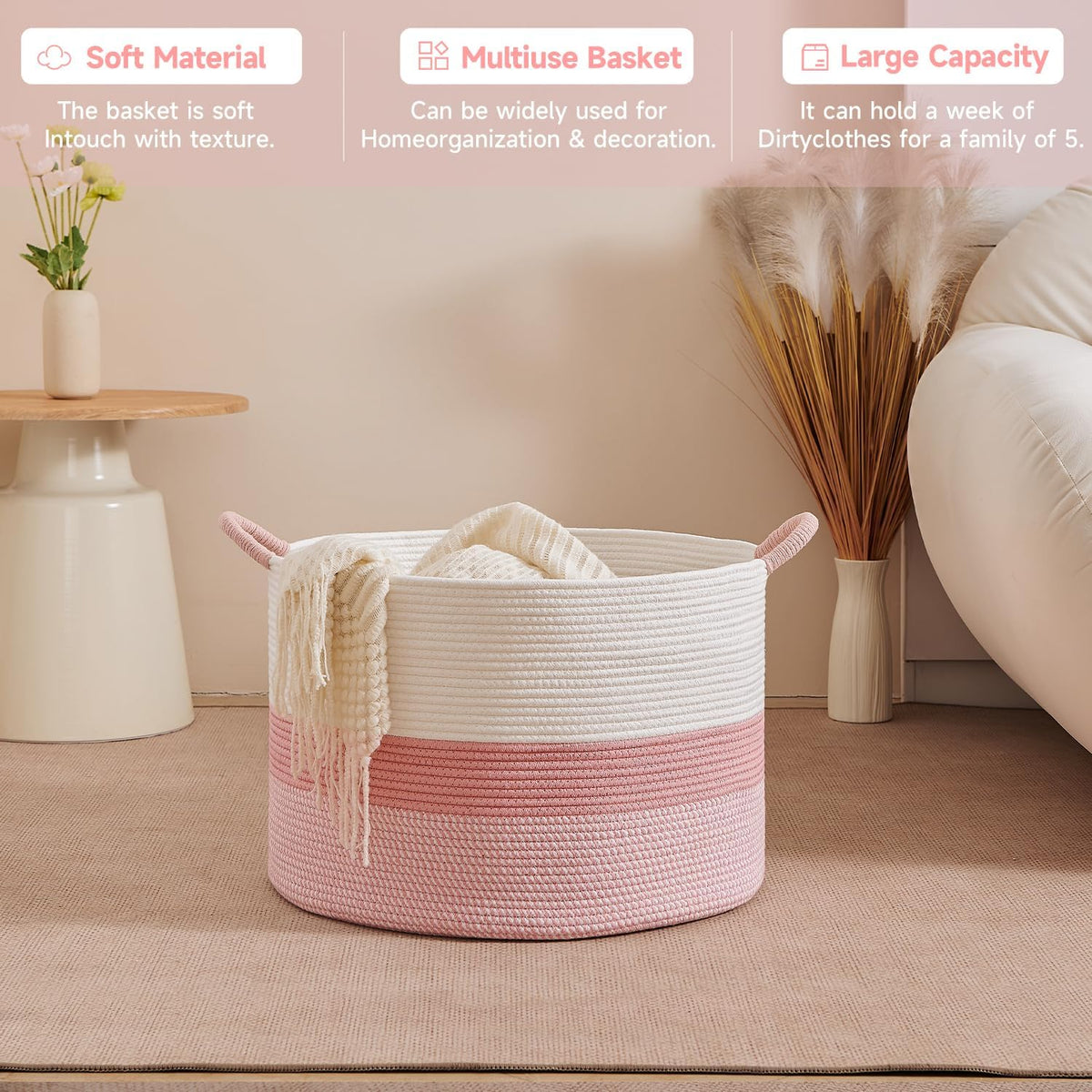 CLHMILY&Z Round Cotton Rope Storage Basket - 22x14.2 Inches - Cute Nursery Bin, Baby Toy Organizer, Pink Organizer for Home Decor, Multi-Purpose Home Tidy Solution