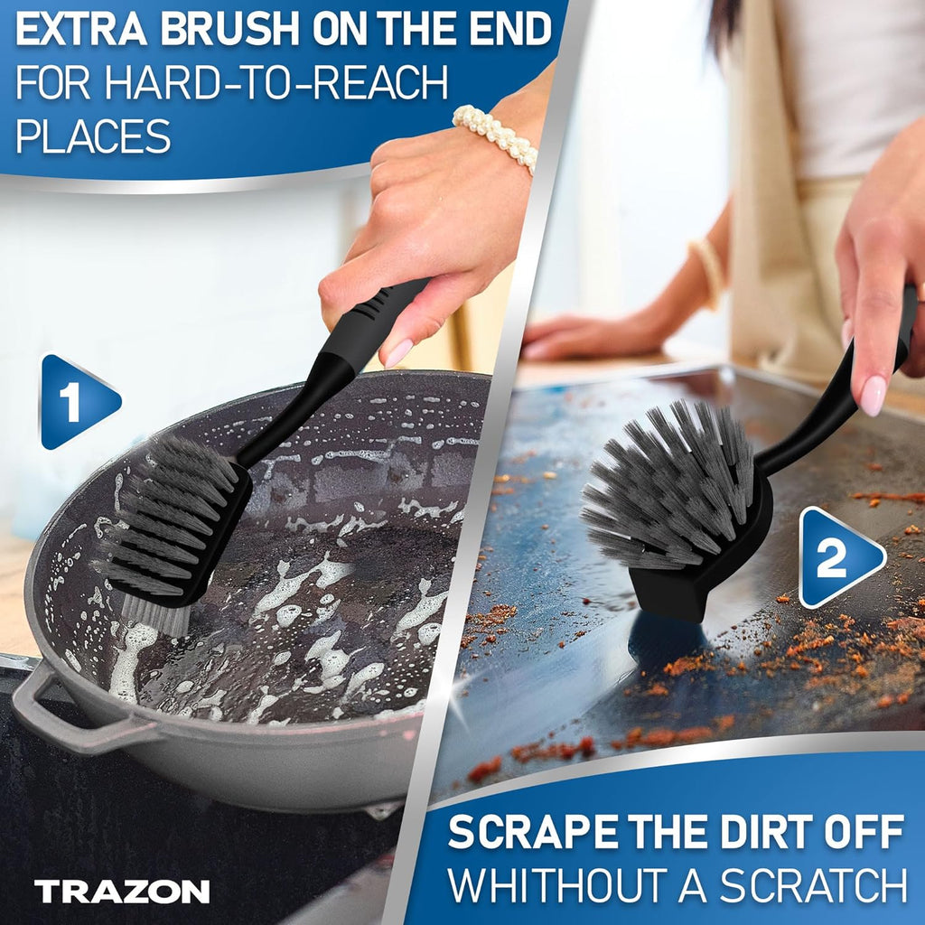 Dish Brush Set of 5 with Holder - Kitchen Scrub Brushes with Non-Slip Long Handle for Cleaning, Scrubber, Dishwashing, Dishes, Bottles, Straws, Cups, Pots & Sink, Black