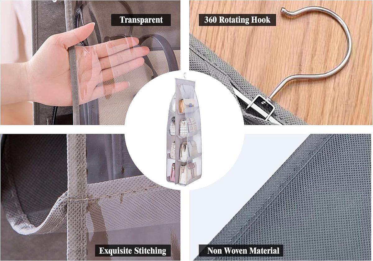 AARAINBOW 2 Packs Hanging Handbag Purse Organizer, Hanging Hand Bag Organizer Wardrobe Closet Purse Holder, 8 Pockets, 43.3L x 14.1W (B Gray Light Pink)