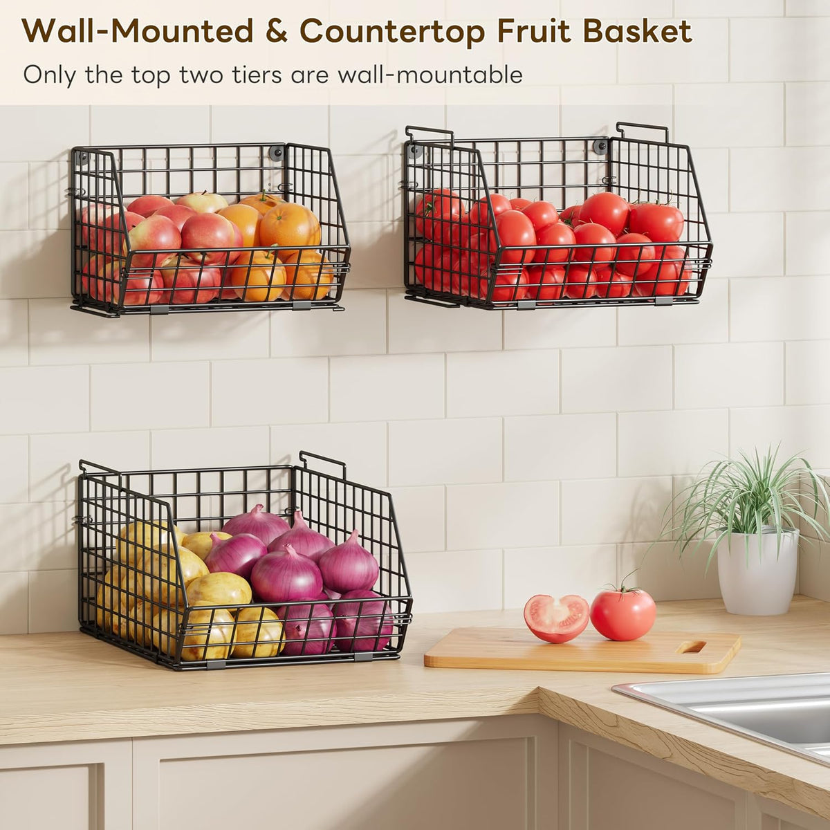 3-Tier Stackable Wire Baskets, Fruit and Vegetable Storage for Counter