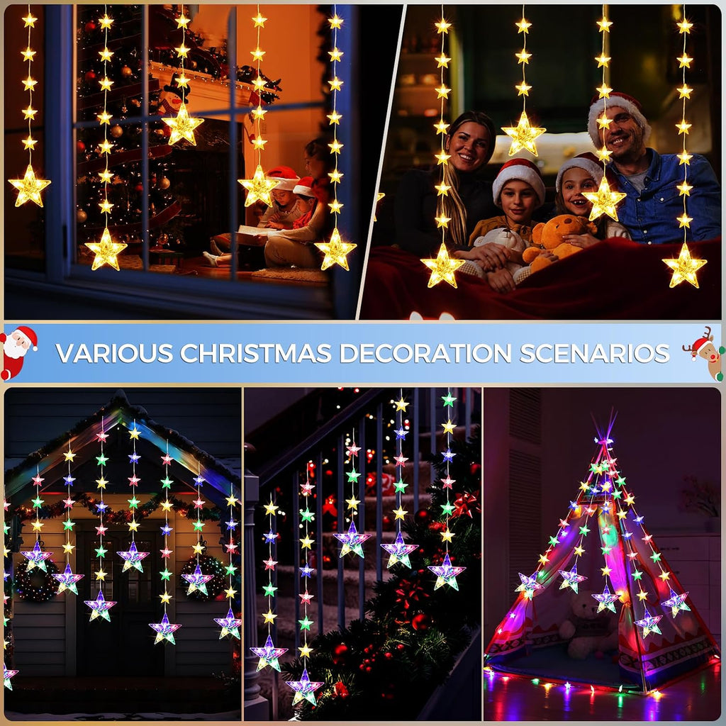32 Stars Christmas Window Lights, IP65 Waterproof 52 LEDs Twinkle Star Fairy String Lights with 8 Modes Timer, Warm White & Multicolor, Battery Operated Hanging Xmas Star Decoration for Indoor Outdoor