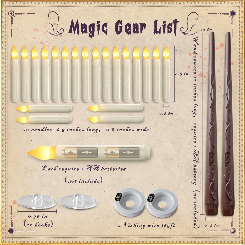 Homemory 20 Pcs Floating Candles with 2 Wand, LED Warm Yellow Magic Deco Candle, Warm Yellow Flameless Taper Candles for Halloween Party Decor