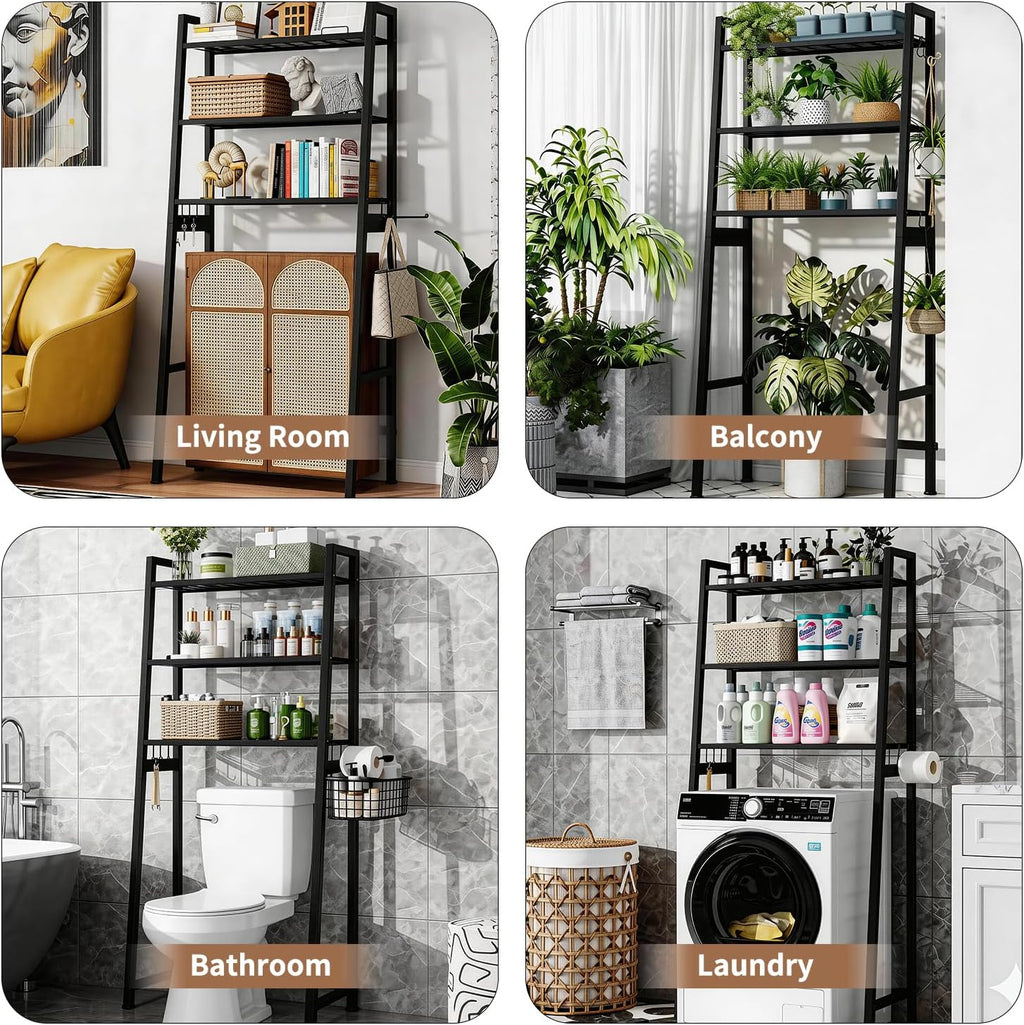 Over The Toilet Storage, Wooden 3-Tier Over-The-Toilet Rack Bathroom Space Saver Organizer, Freestanding Above Toilet with Toilet Paper Holder and Hooks（Black）