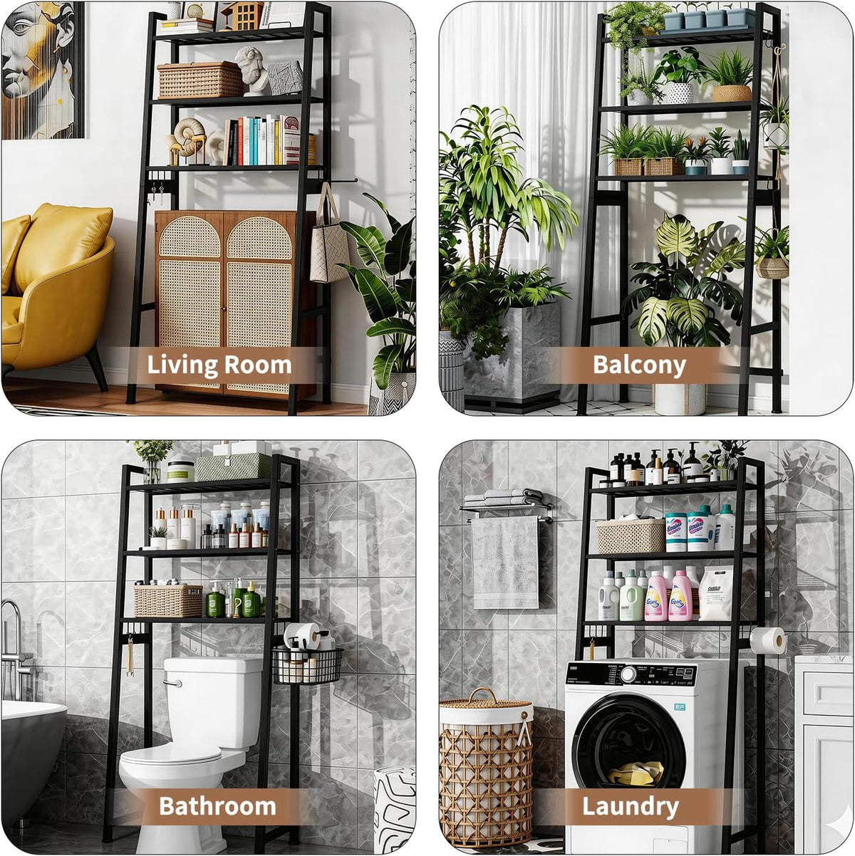 Over The Toilet Storage, Wooden 3-Tier Over-The-Toilet Rack Bathroom Space Saver Organizer, Freestanding Above Toilet with Toilet Paper Holder and Hooks（Black）