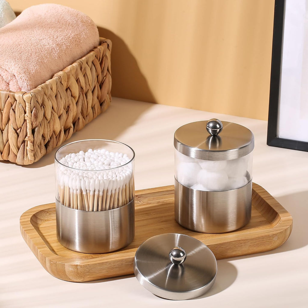 Gaussra Apothecary Jars, Qtip Holder, Bathroom Jar with Stickers - 2 Pack