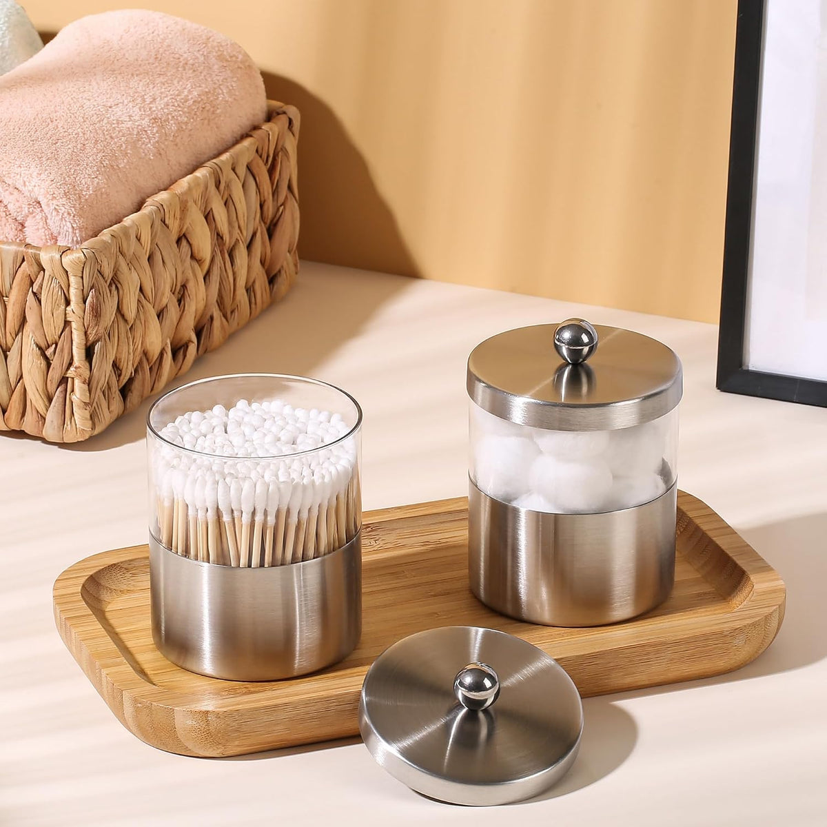 Gaussra Apothecary Jars, Qtip Holder, Bathroom Jar with Stickers - 2 Pack