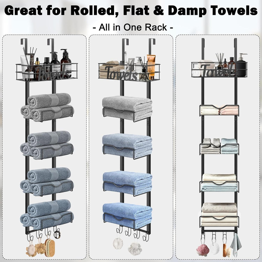 Over The Door Towel Racks, No Drill Towel Storage with Basket & Hooks, Space-Saving Multi-Functional Towel Holder for Bathrooms, bedrooms, Apartments, RVs (Matte Black, 6 Tier)