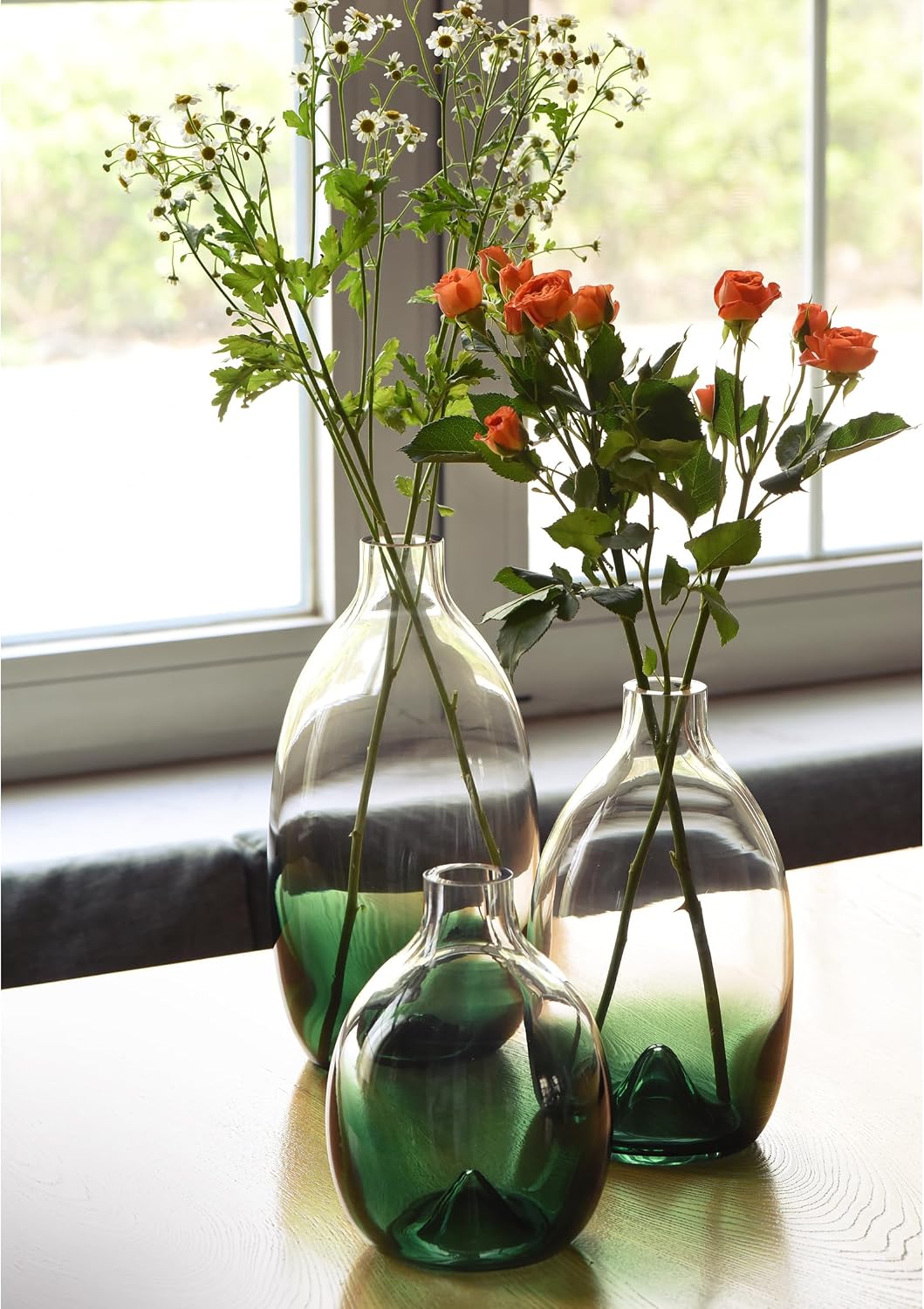 CONVIVA Modern Green Glass Flower Vase Set, 3 Sizes 11" 9" 7" Height