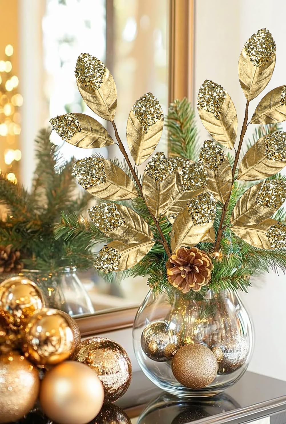 Hollyone Christmas Tree Picks and Sprays 3Pcs Gold Artificial Magnolia Stems Magnolia Leaves Branches Fake Gold Leaf Floral for Vase DIY Xmas Tree Garland Wreath Centerpieces Wedding Decor