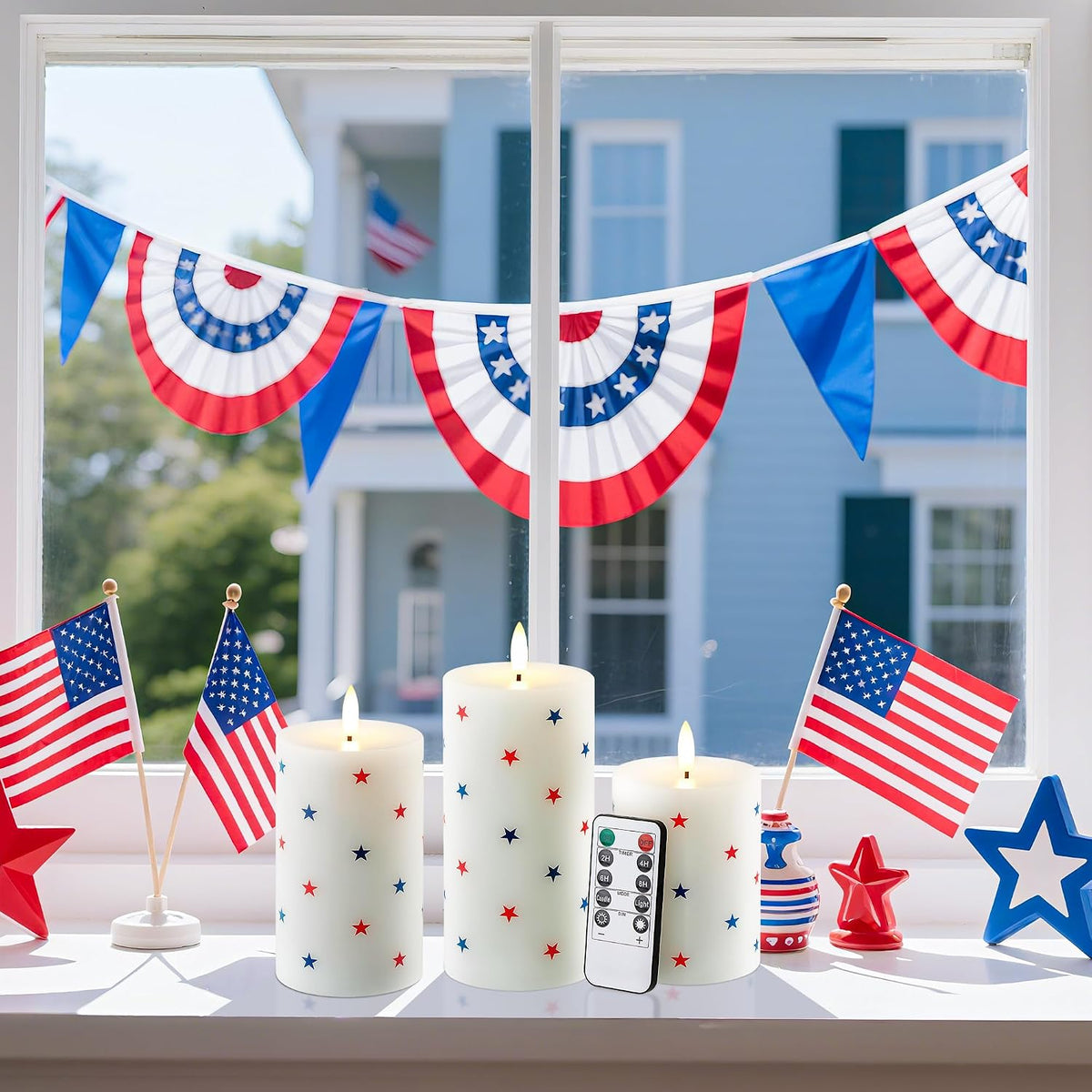 Flameless LED Candles, 3 Patriotic Americana Pillar Candles, Timer, Remote Ready, Stars Design for July 4th Memorial Day