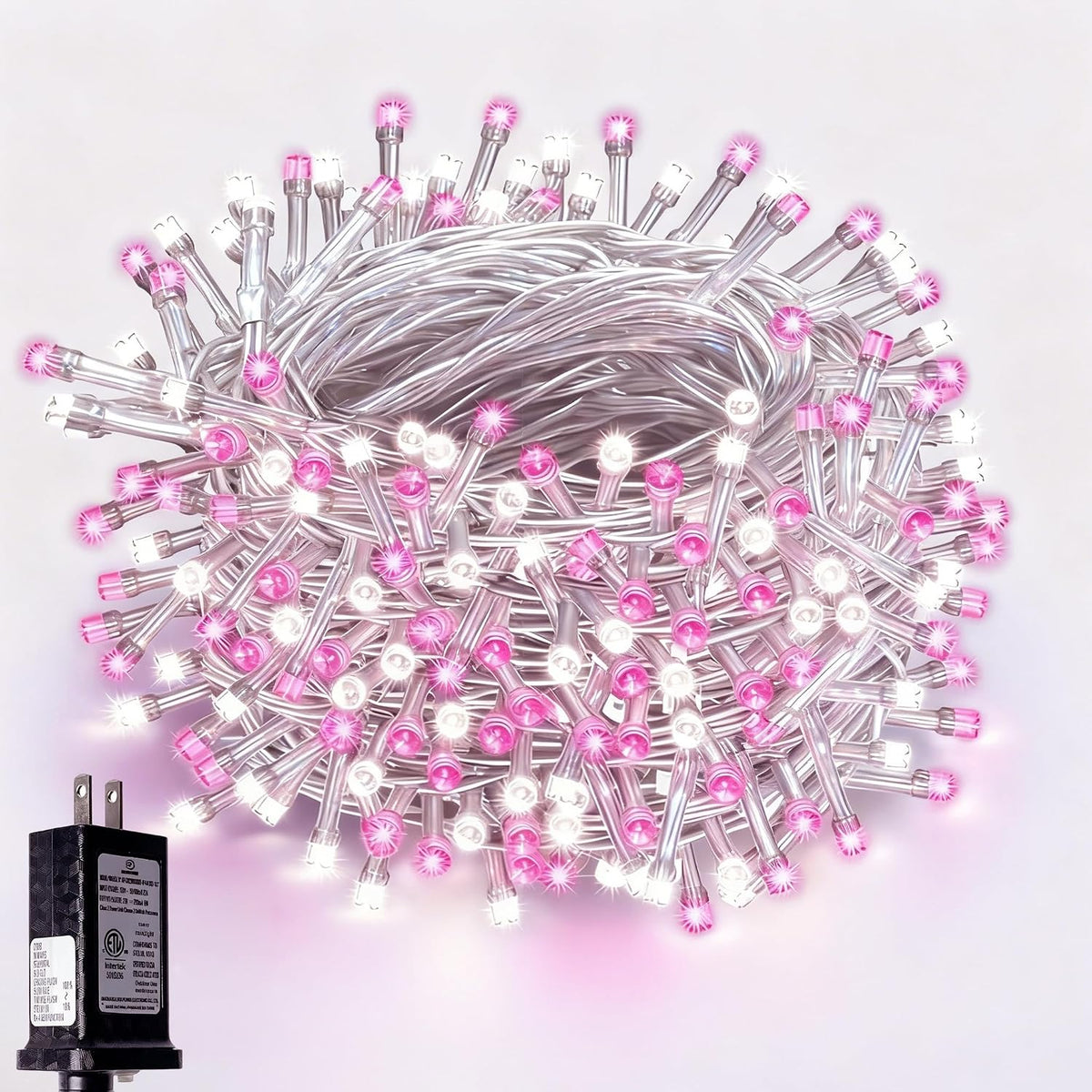 WISD Christmas Lights 43ft 200 LED Fairy String Lights with 12 Modes and Memory, Plug in String Lights for Indoor Outdoor Christmas Tree Home Garden Wedding Party Decoration, Pink+White