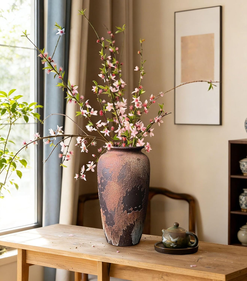 12-Inch Rustic Brown Textured Ceramic Vase for Eucalyptus and Pampas Grass