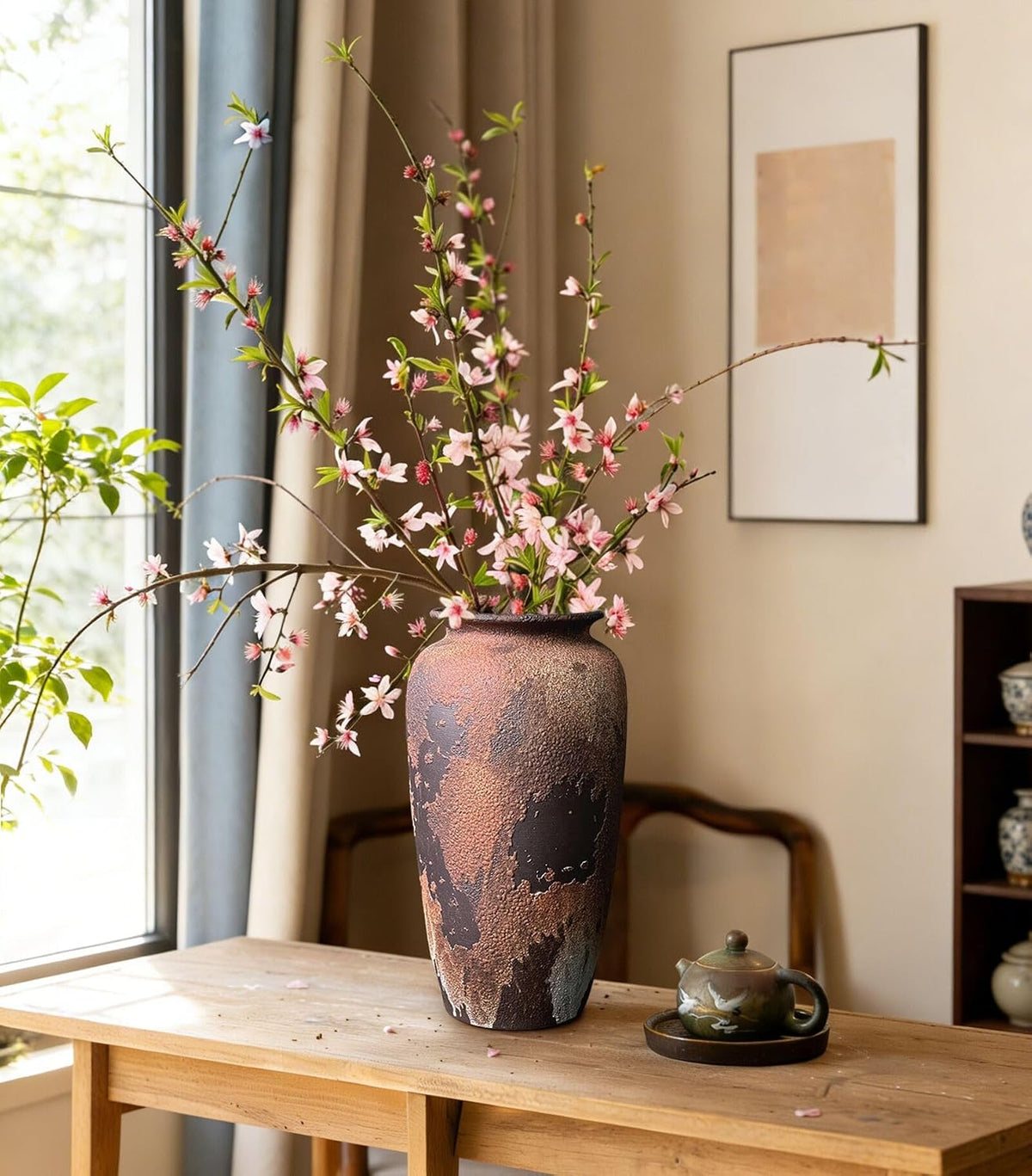 12-Inch Rustic Brown Textured Ceramic Vase for Eucalyptus and Pampas Grass