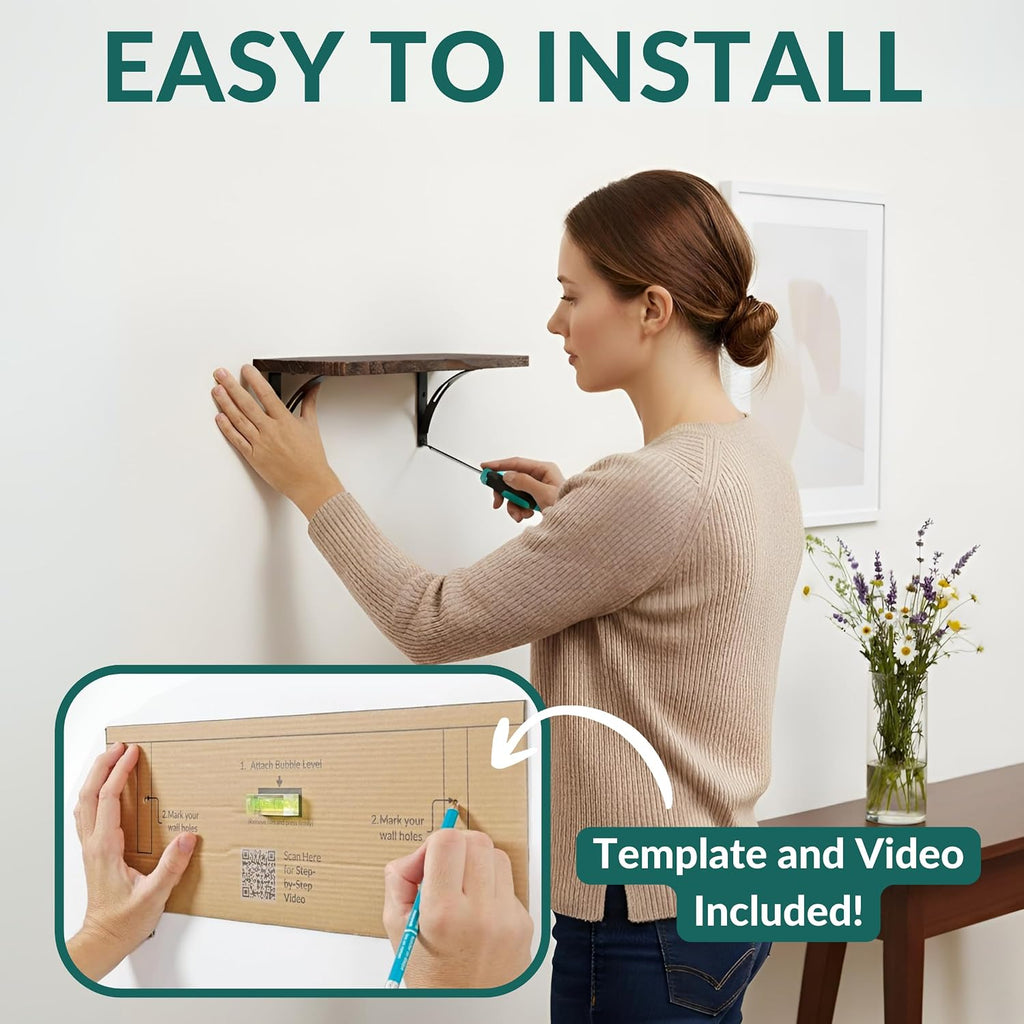 Willowy Reinforced Steel Bracket Rustic Brown Shelf - Easy to Install, Template and Video Included - Rustic Shelves for Wall, Bathroom Storage Shelves