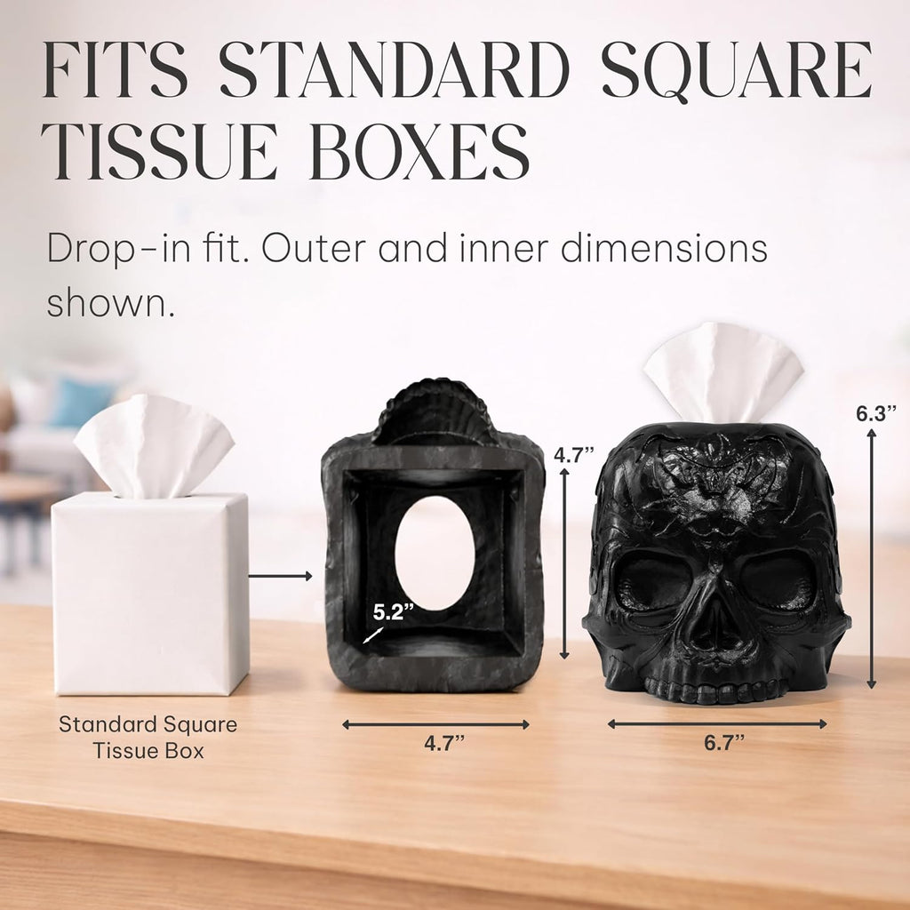 Gothic Skull Tissue Box Cover, Black, Square by Death Decor