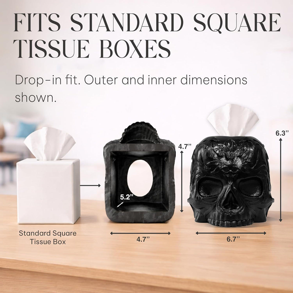 Gothic Skull Tissue Box Cover, Black, Square by Death Decor