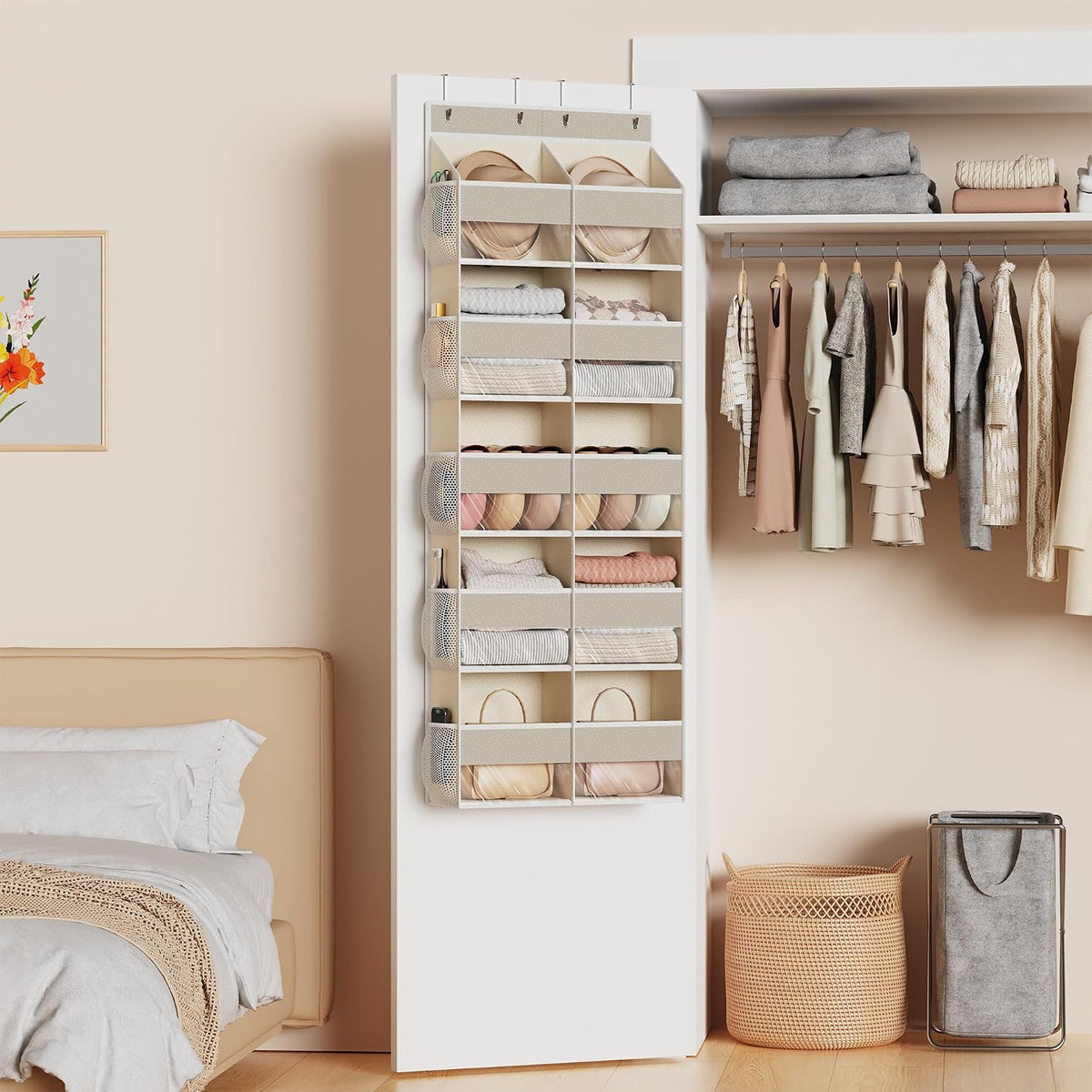 MAX Houser 5 Pocket Over Door Hanging Organizer with Clear Window, Beige