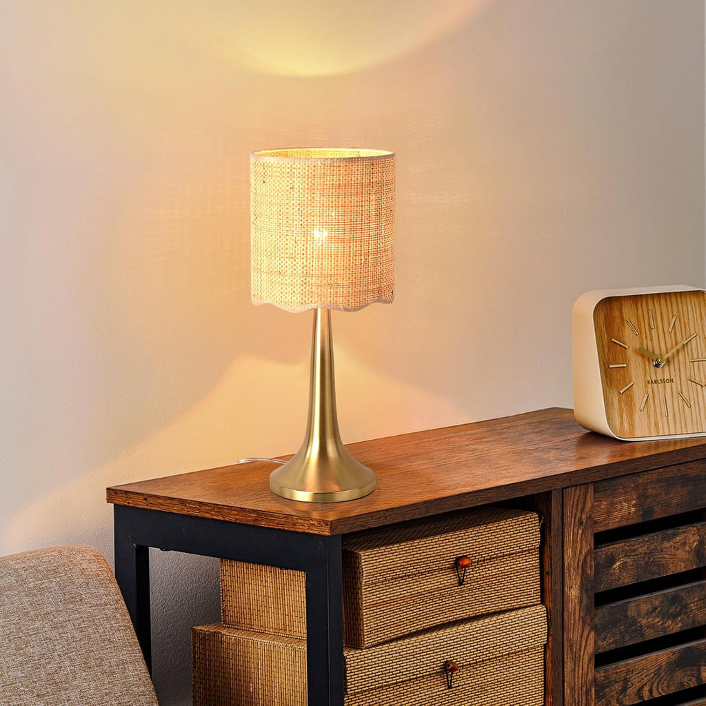 Ziqqeelam Gold Rattan Table Lamp for Bedroom, Brass Cute Wicker Lamps for Bedside Nightstand, Small Table Shape Lamps for Small Spaces for Kitchen Counter, Home Office, Living Room, Kids Dorm