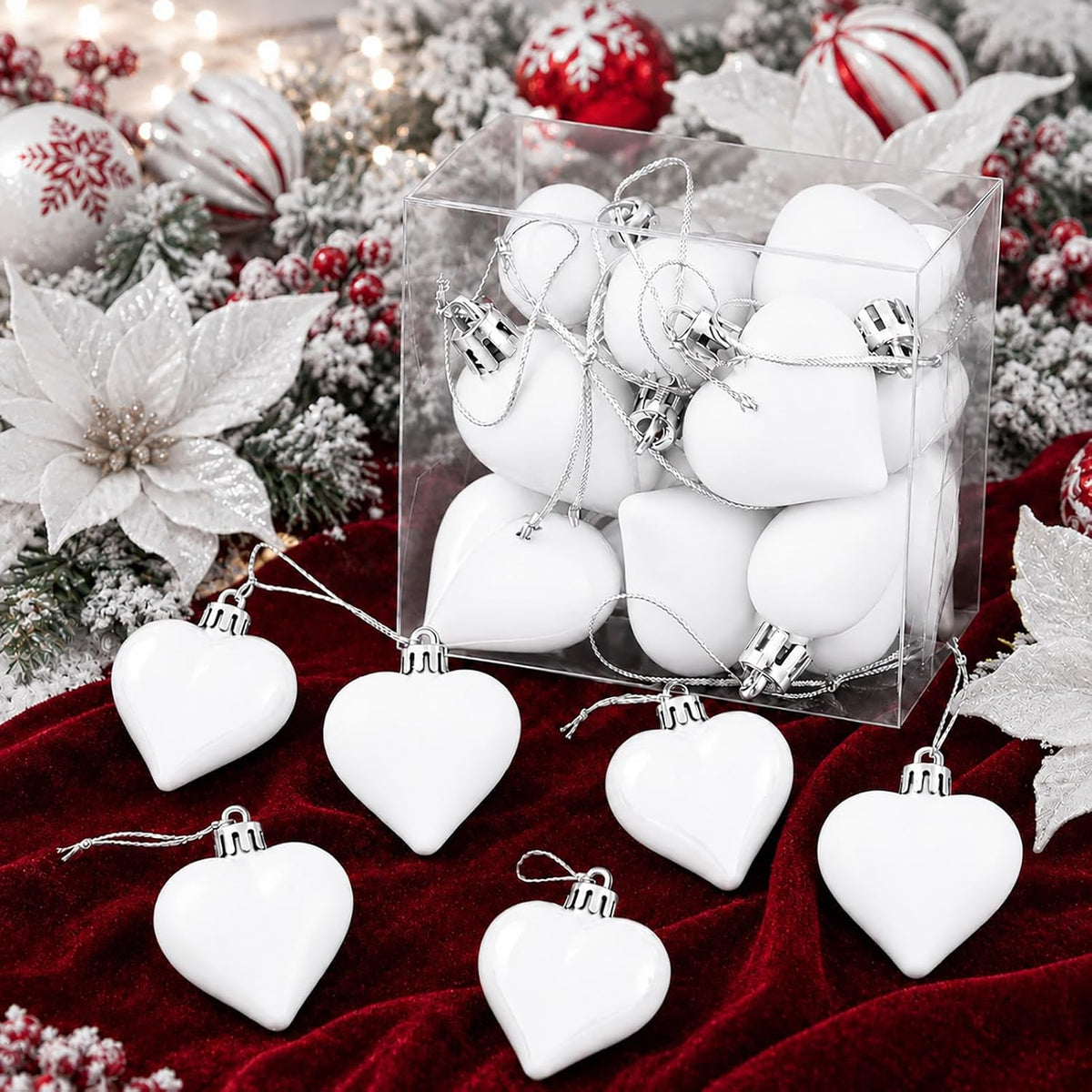 Set of 12 White Heart Ornaments for Christmas Valentine Tree Decorations, 1.8 inch Mini Valentines Ornaments for Small Tree, Heart Shaped Plastic Shatterproof Hanging Balls Holiday Party Decor