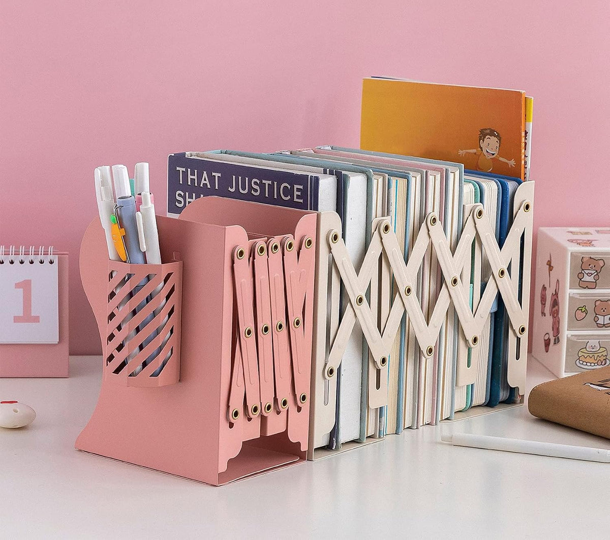 Kingsmile Book Ends, Adjustable Heavy Duty Metal Book Stoppers with Pen Holder for Desk Office Library Kids Room(Pink)