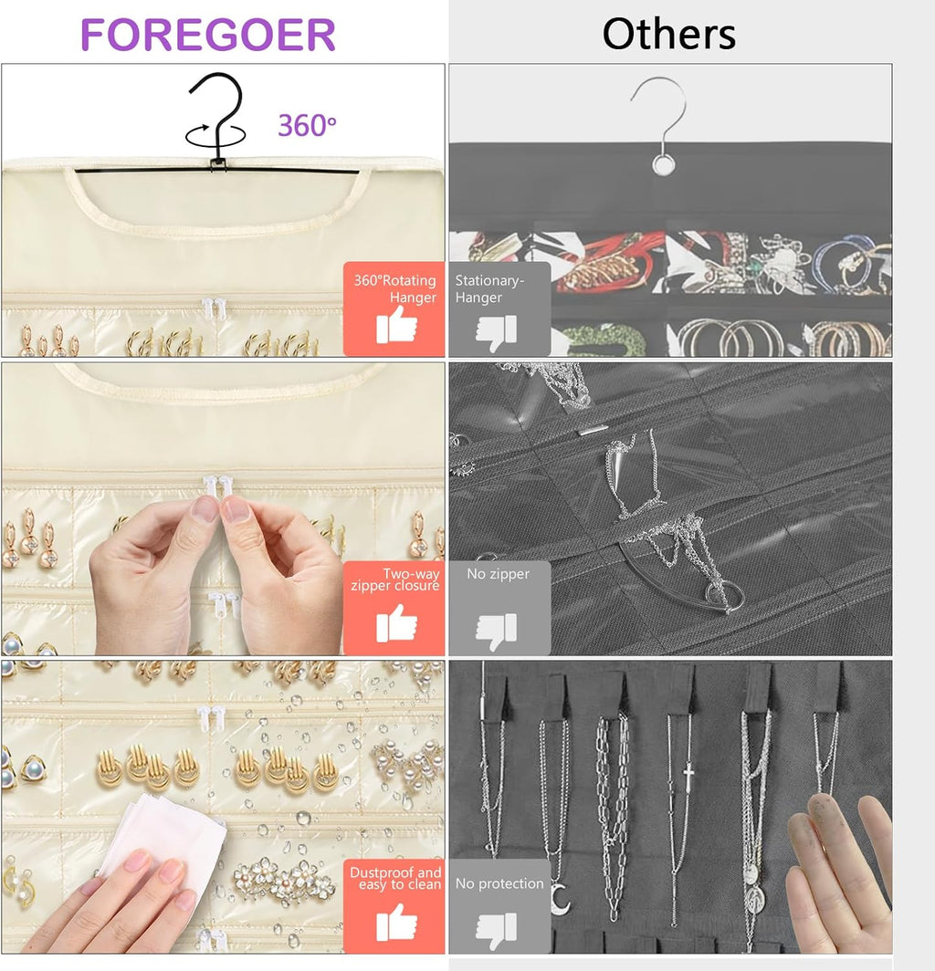 FOREGOER Hanging Jewelry Organizer 58 Zippered Pocket, 2-Sided, Beige