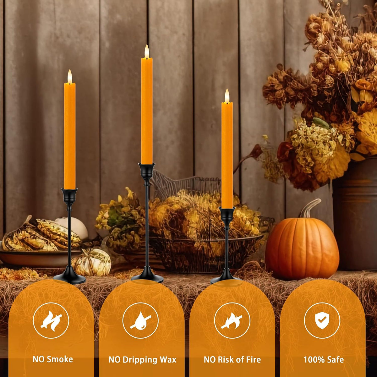 6 Pack Orange Flameless Taper Candles with Remote&Timer, Thanksgiving Battery Operated Candles with Flickering Wick, Fall Candlestick Harvest and Thanksgiving for Home Decor