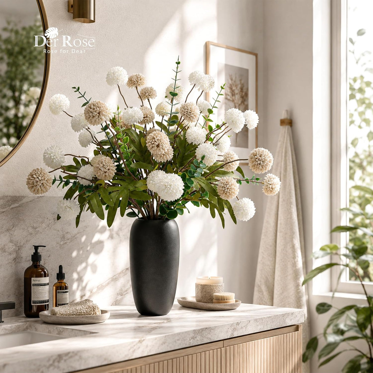 Der Rose Fake Flowers in Ceramic Vase, 18Pcs White Blooms for Spring Decor