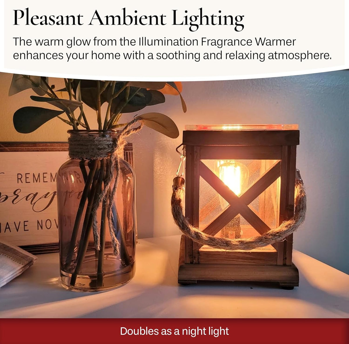 Candle Warmers ETC. Vintage Bulb Illumination Fragrance Warmer- Light-Up Warmer for Warming Scented Candle Wax Melts and Tarts to Freshen Room, Walnut & Rope